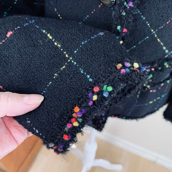 Vintage Rickie Freeman Size 8 Wool Tweed Blazer Jacket Black Colorful Fringe - Picture 7 of 13